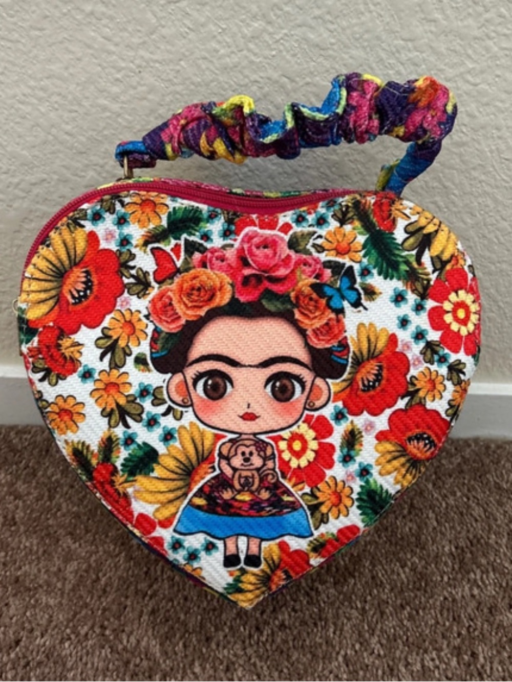 Handmade Heart-Shaped Floral Character Purse - Multicolor